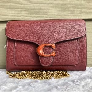 NEW Coach Tabby Pebble Leather Clutch Crossbody with Chain in Brass/Wine…